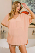 Woven V Neck Hi-low Boxy Top With Front Pocket