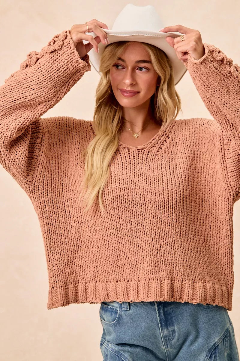 Chunky Knit Sweater with Flower Detail Sleeves