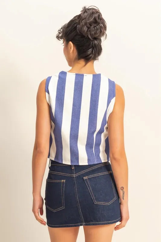 Woven Striped V-Neck Button Down Vest