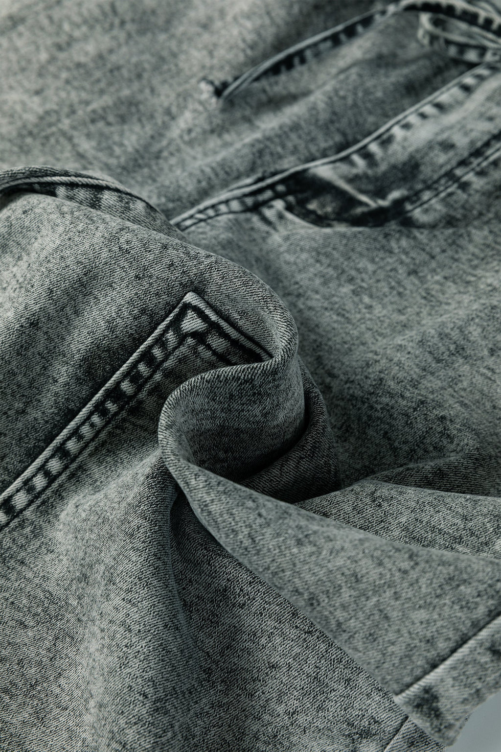 Gray Acid Wash Barrel Fit Denim Pants with Waist String