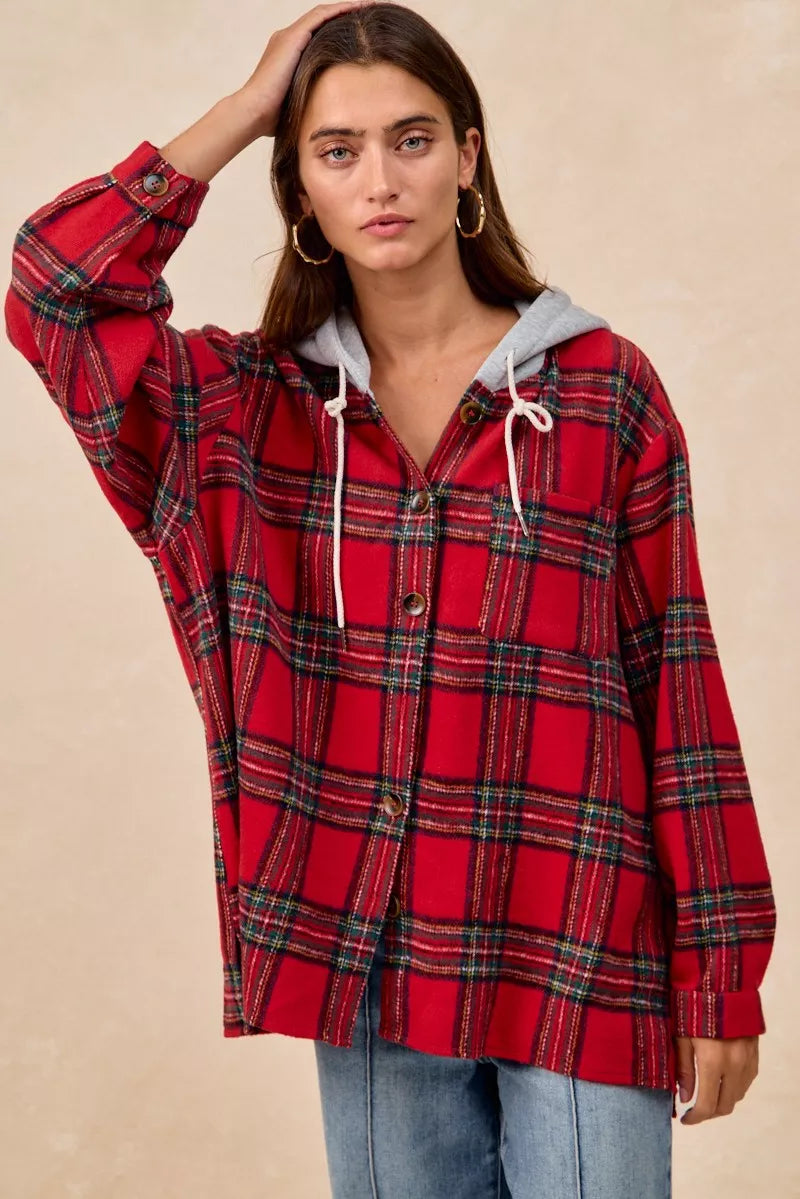 Brushed Plaid Hooded Jacket