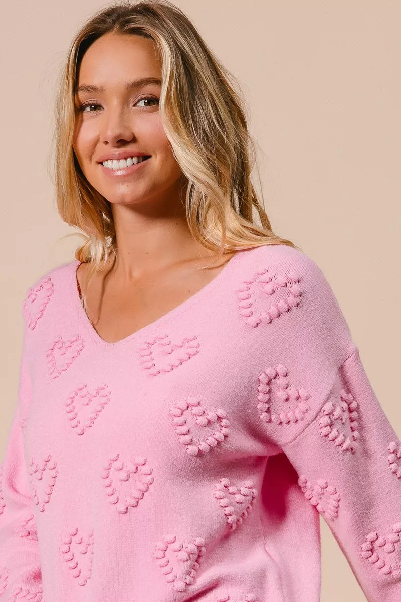 Valentines Heart Pompom V Neck Knit Top