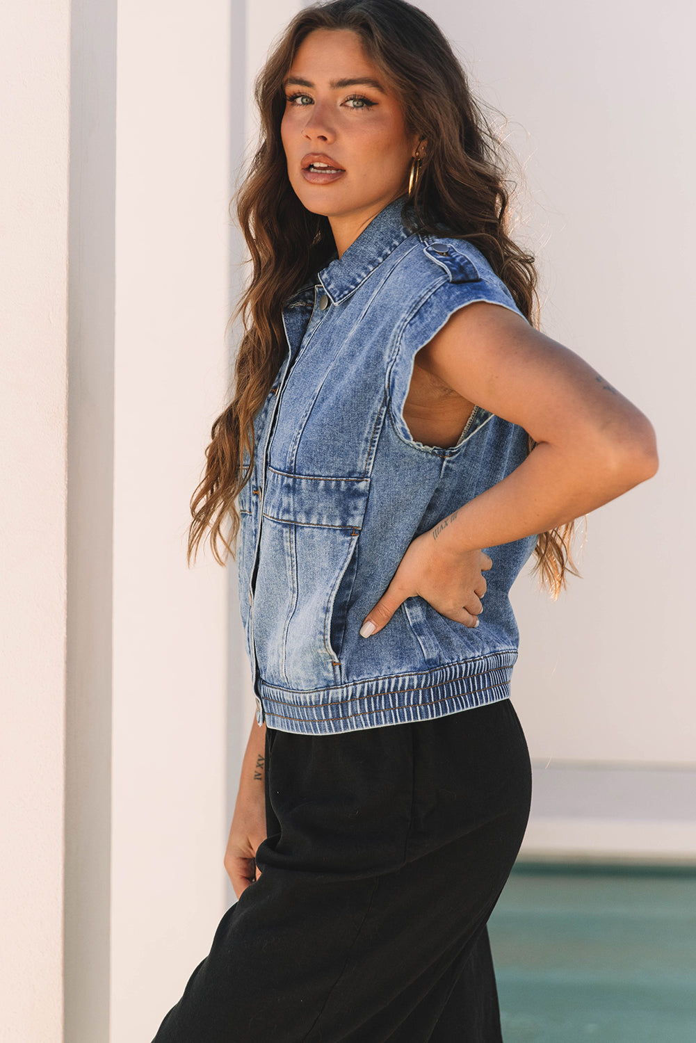 Acid Wash Elastic Hem Button Up Denim Vest