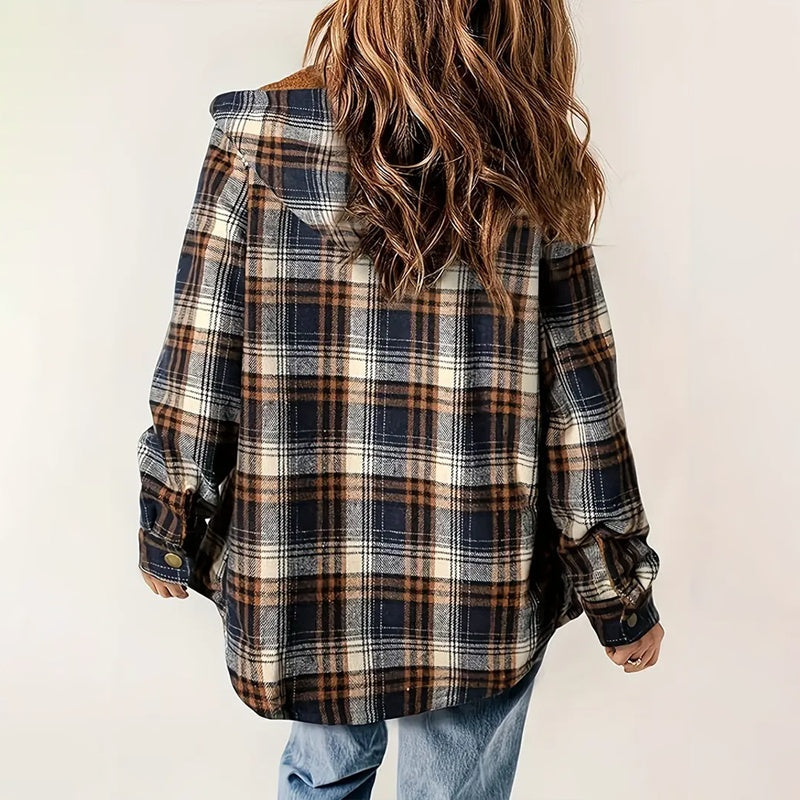 Women's Plaid Button-Up Long Sleeve Jacket Fall Winter  Flap Button Pocket Design Casual Hooded Fleece-Lined Warm Coat See size chart under “more details”