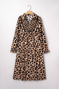 Brown Leopard Print Smocked Detail Flowy Midi Dress