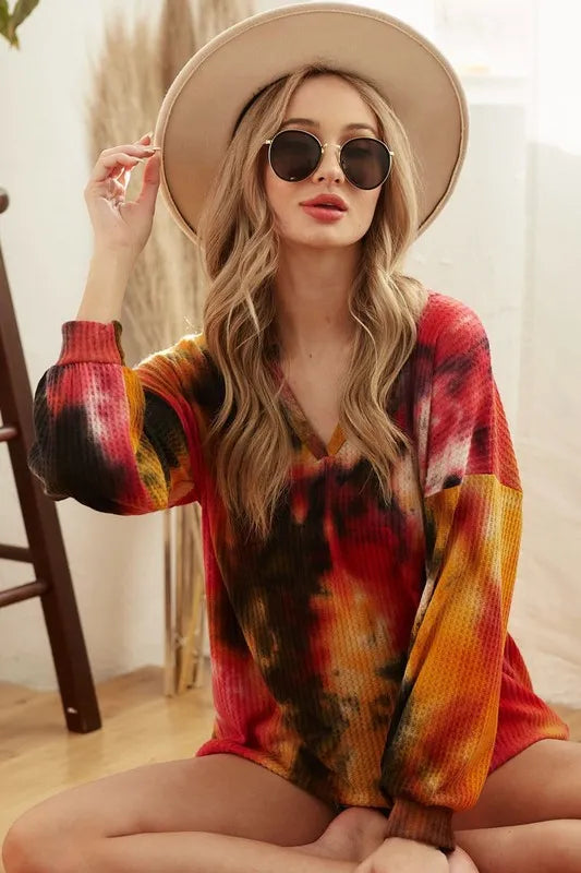 Tie Dye Brushed Waffle Top With Bubble Sleeves