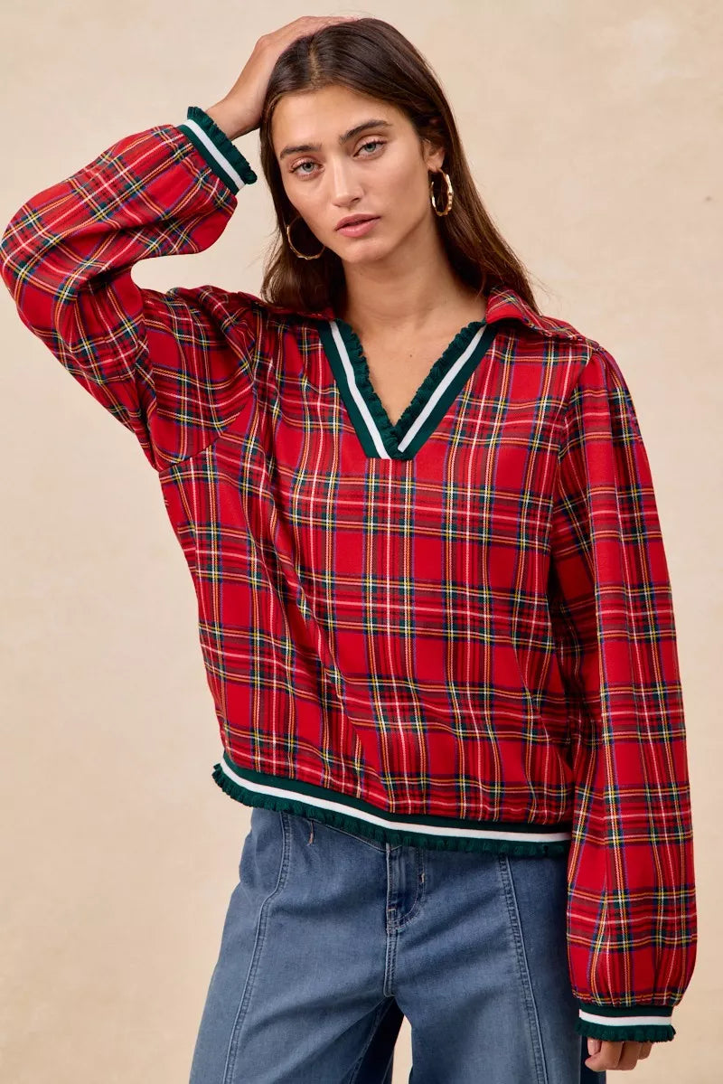 Christmas Plaid Collared Top with Ruffled Detail