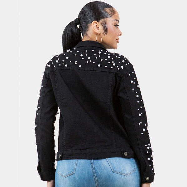 Radiant Pearls Rhinestone Deco Jean Jacket Black See size chart under “more details”