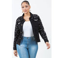Radiant Pearls Rhinestone Deco Jean Jacket Black See size chart under “more details”