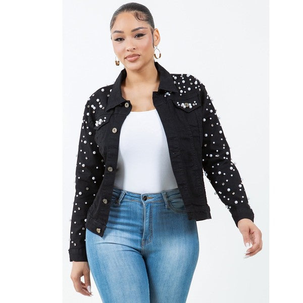 Radiant Pearls Rhinestone Deco Jean Jacket Black See size chart under “more details”