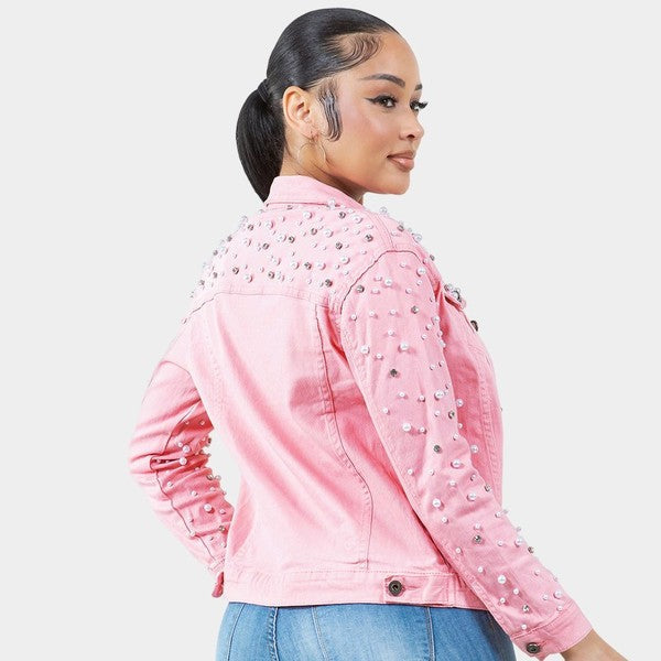 Radiant Pearls Rhinestone Deco Jean Jacket Pink See size chart under “more details”