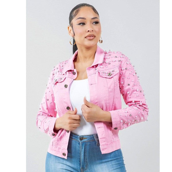 Radiant Pearls Rhinestone Deco Jean Jacket Pink See size chart under “more details”