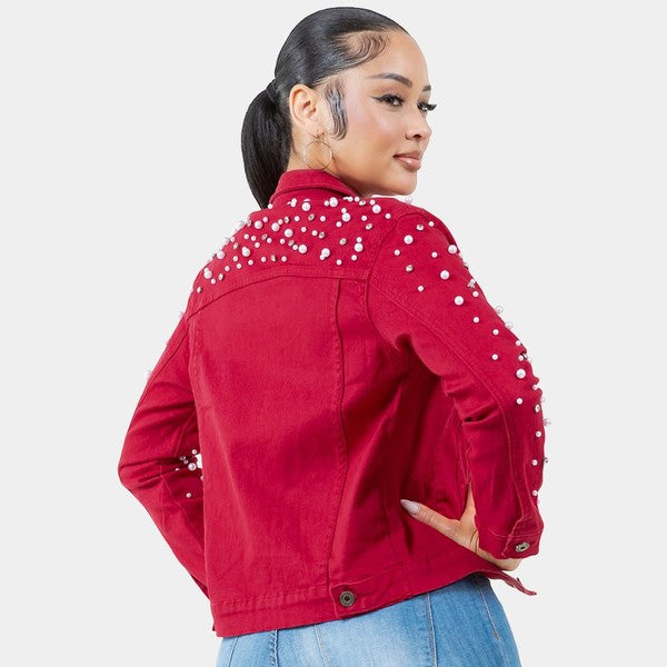 Radiant Pearls Rhinestone Deco Jean Jacket Red See size chart under “more details”