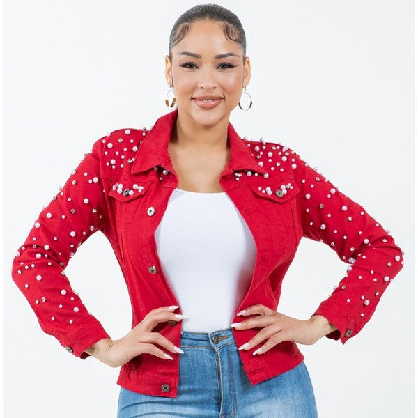 Radiant Pearls Rhinestone Deco Jean Jacket Red See size chart under “more details”