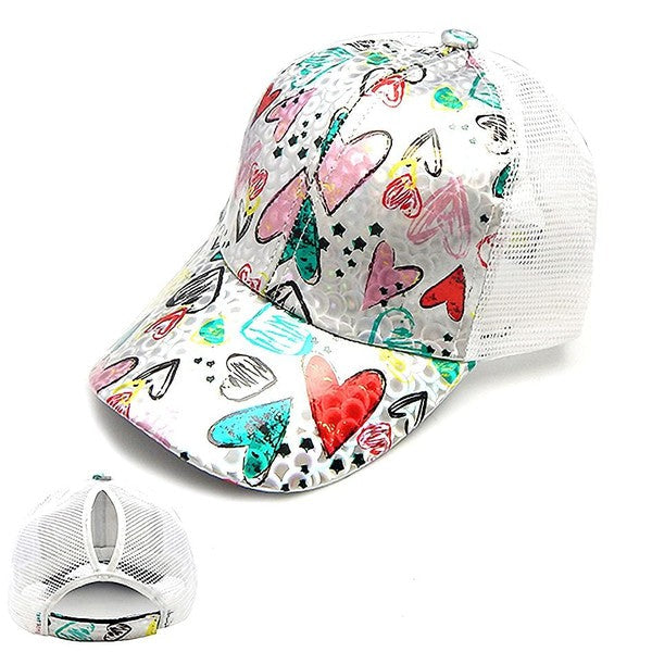 Iridescent Heart Pony Tail Mesh Baseball Cap