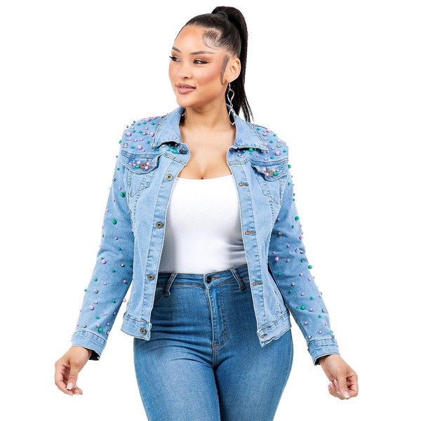 Pearls Rhinestone Light Denim Jacket Pink Green