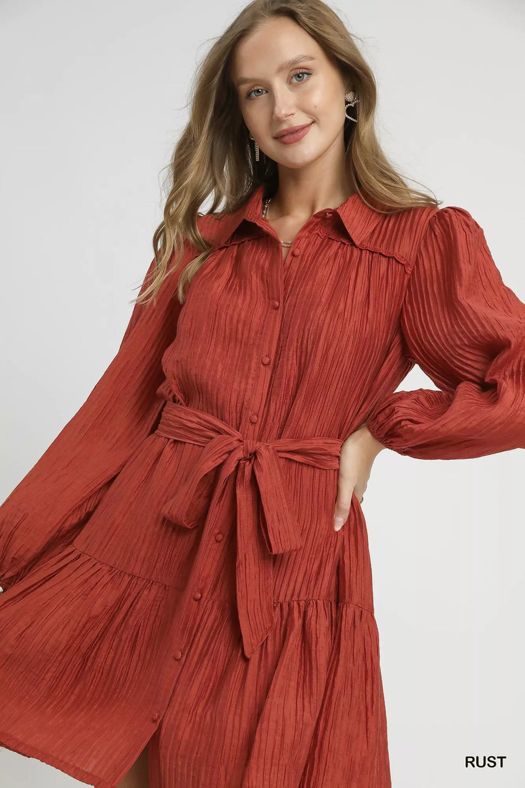 Crinkle Button-Front Tiered Mini Dress with Waist Tie