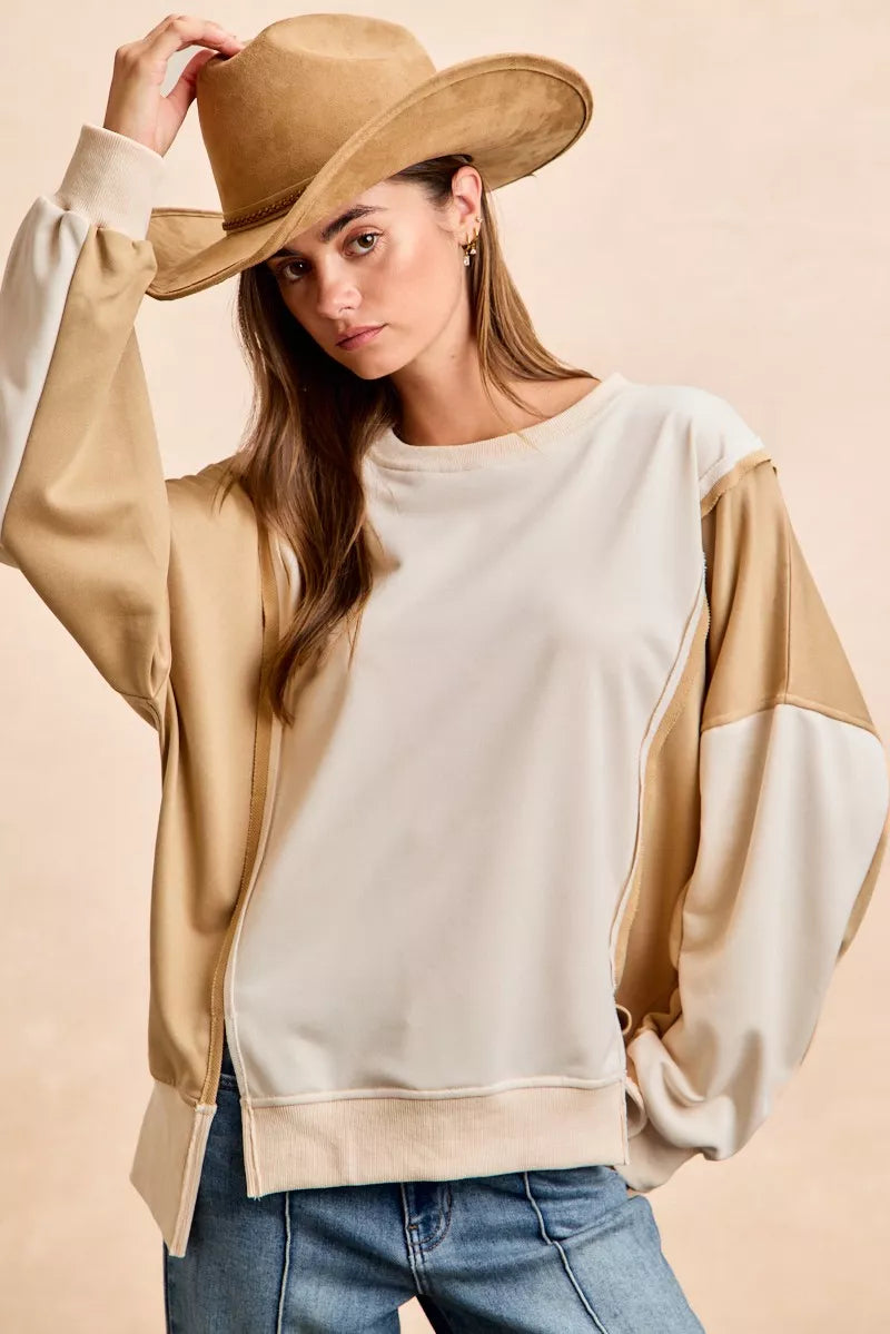 French Terry Color Block Top With Open Seam Detail