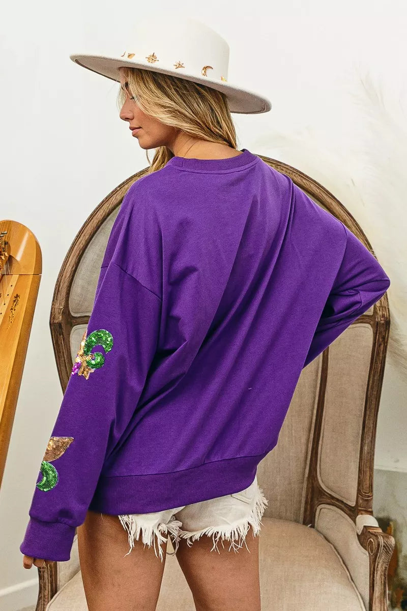 Fleur De Lis Sequin Patches Mardi Gras Sweatshirt