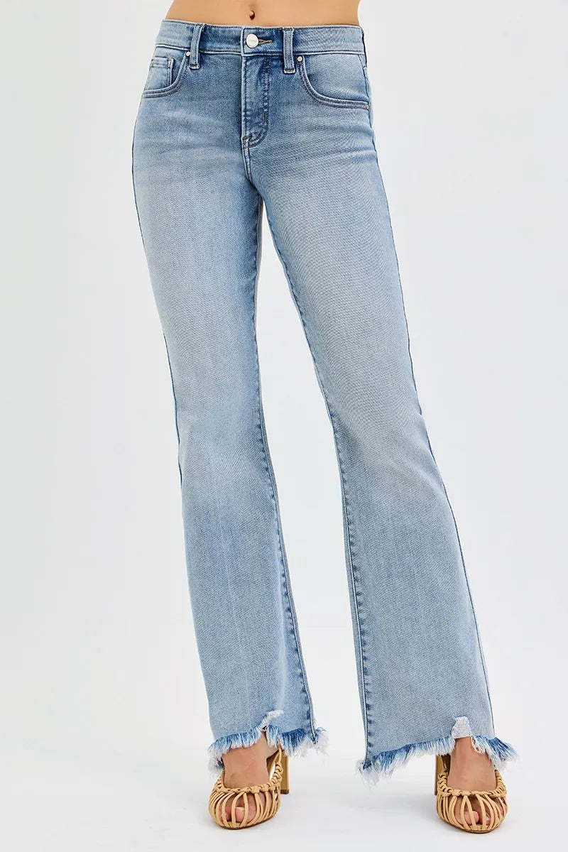 Full Size Tummy Control Mid Rise Flare Jeans with Fray Hem Detailed Plus Size