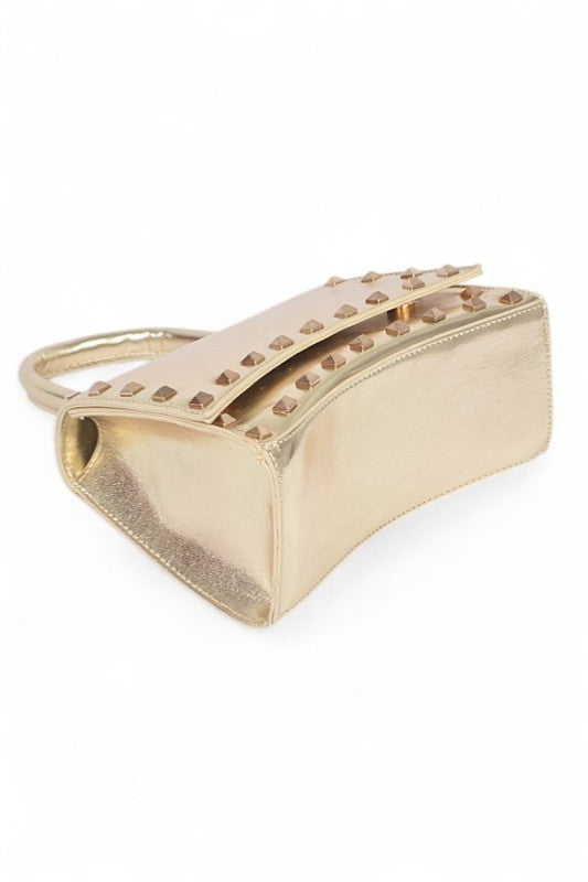 Metallic Faux Leather Studded Top Handle Swing Bag