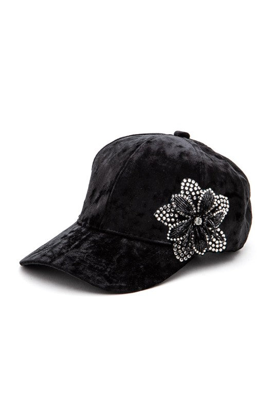 Rhinestone Flower Velour Cap