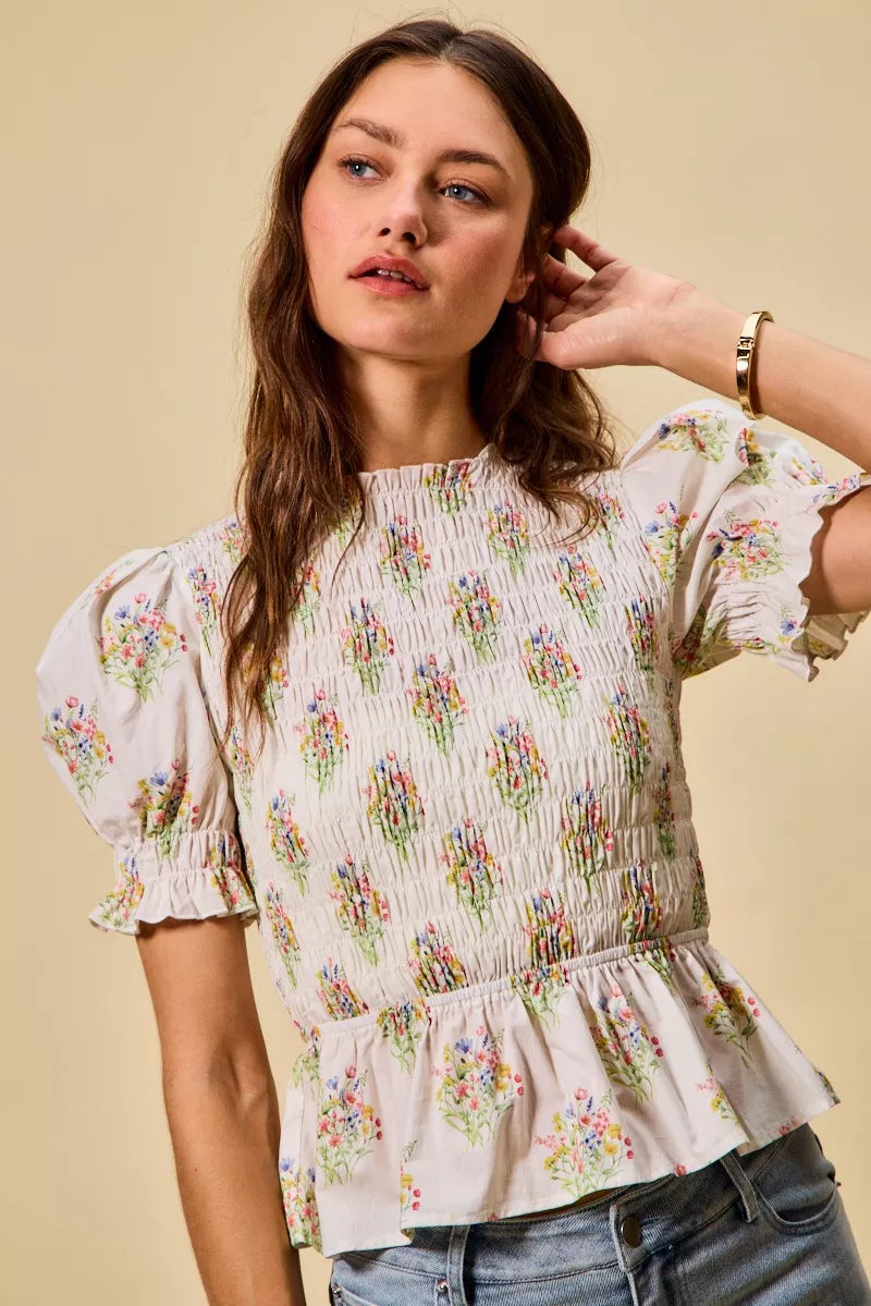 Floral Cotton Smocked Short Sleeves Blouse