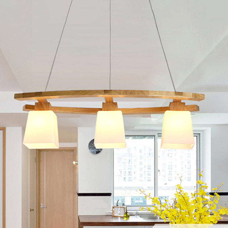 DecorBites™ Ivory Glass Trapezoid Island Lamp - 3-Bulb Minimalist Pendant Light in Wood for Dining Room
