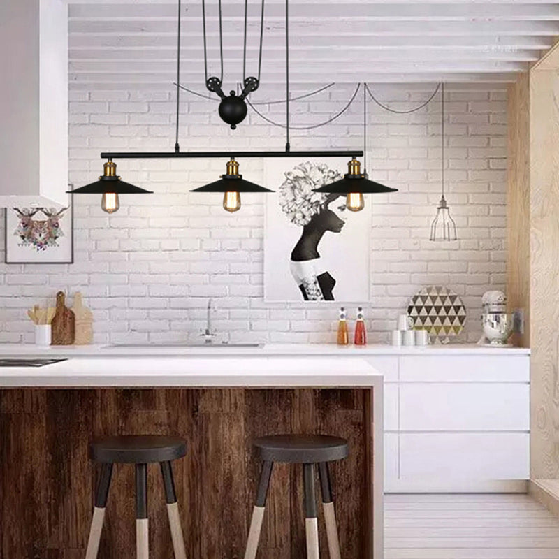DecorBites™ Industrial Metal Flying Saucer Hanging Ceiling Light - Black 3-Head Pulley Pendant for Bars