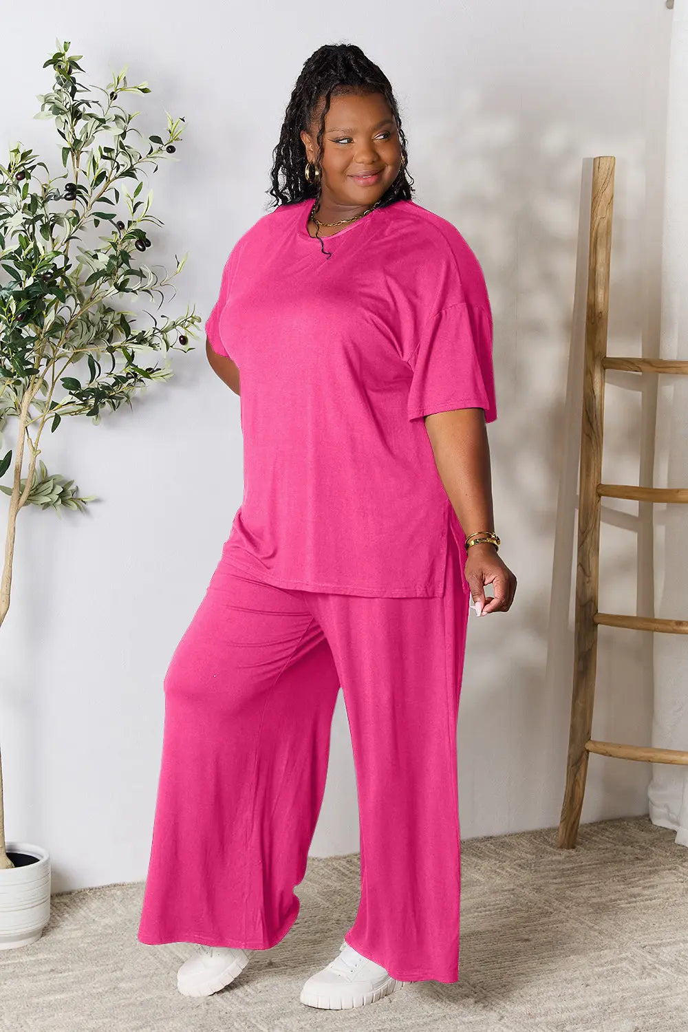 I am a Fashion Junky Full Size Round Neck Slit Top and Pants Set