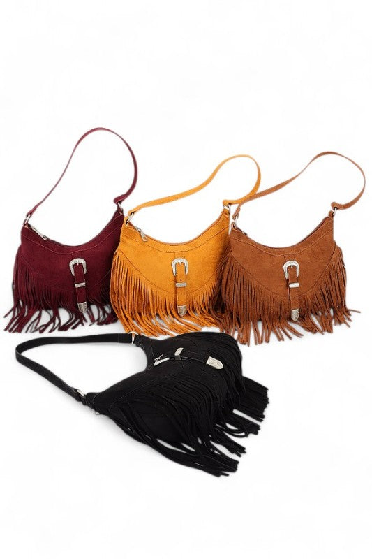 Fashion Handbag Western Buckle Faux Suede Fringe Stylish Bag