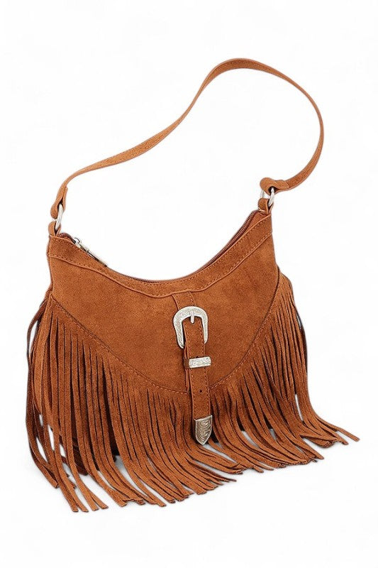 Fashion Handbag Western Buckle Faux Suede Fringe Stylish Bag