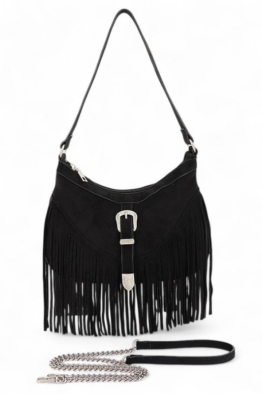 Fashion Handbag Western Buckle Faux Suede Fringe Stylish Bag