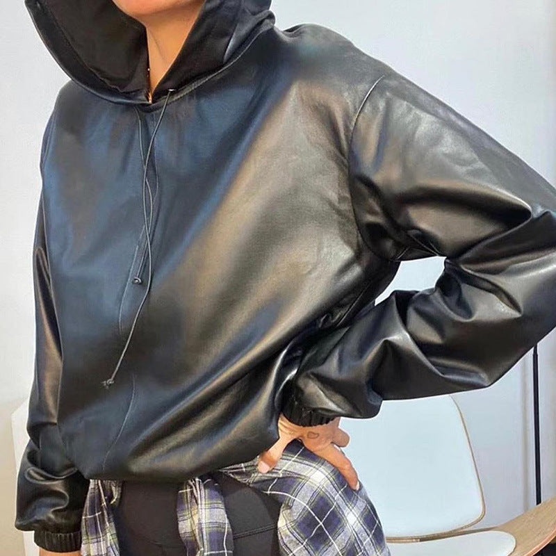 Women's Leather Versatile Round Neck Hoodie See size chart under “more details”