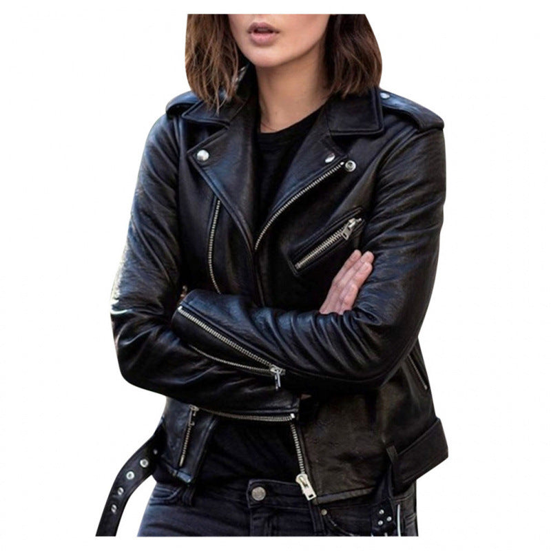 Women's Short Slim Fit PU Leather Jacket - Street Hipster Biker Style Coat