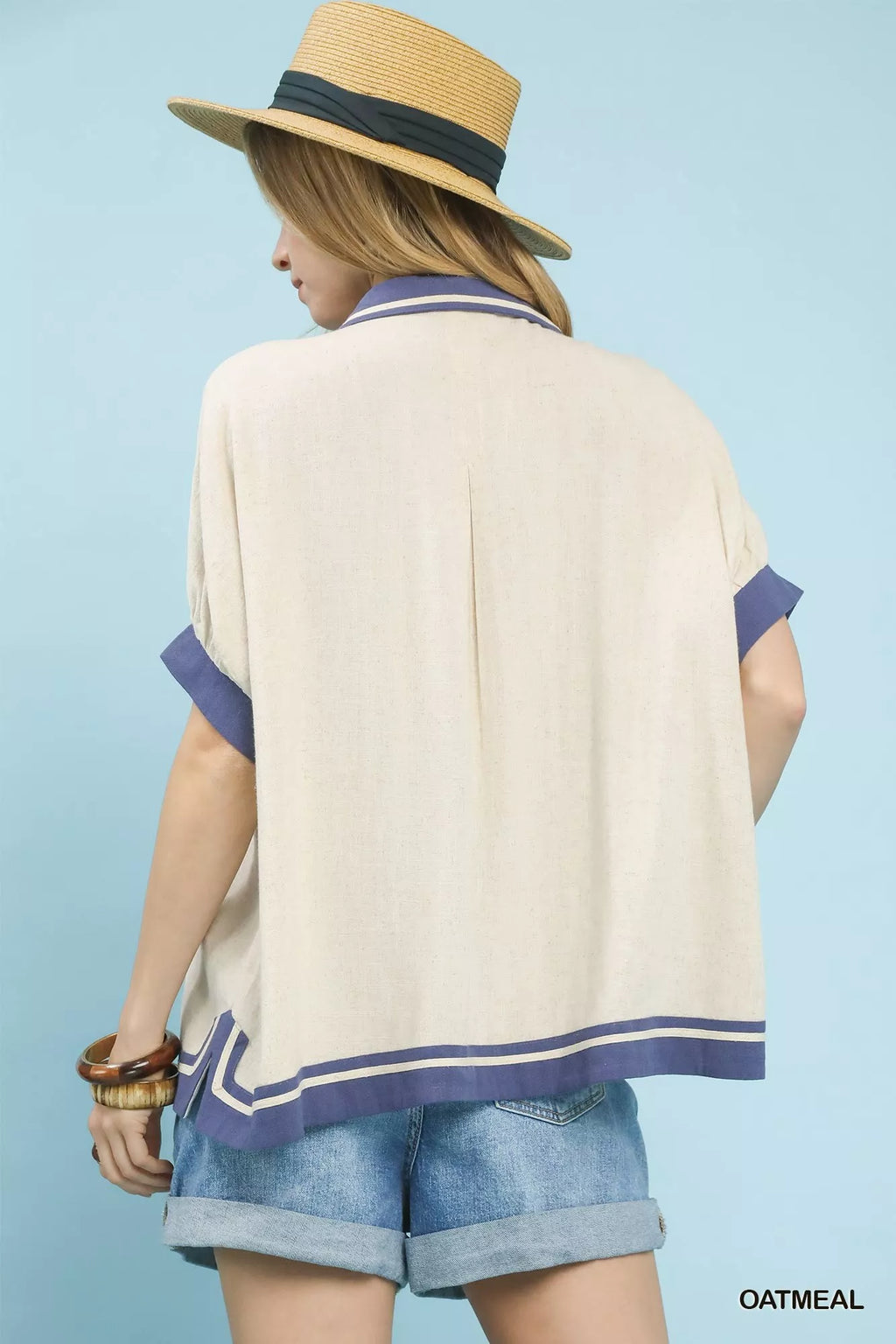 Linen Button Front Top with Contrast Piping