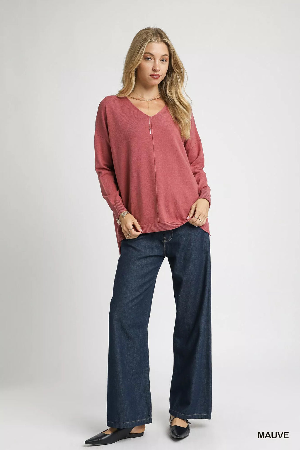 V-Neck High Low Hem Knit Top with Side Slit