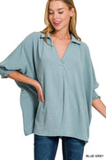 Airflow Collar Tee with Smocked Sleeve Band Top