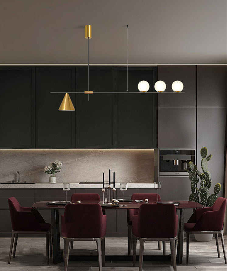 DecorBites™ Minimalist Modern Linear Chandelier with Spherical White Glass Ceiling Light Fixture