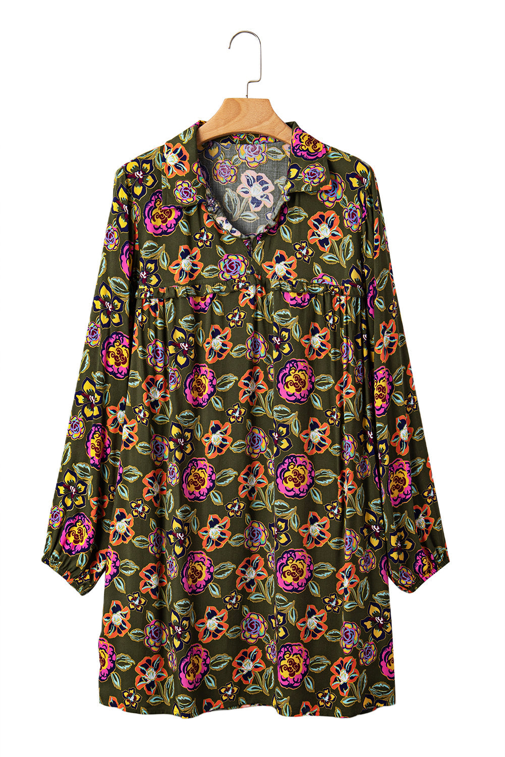 Green Floral Print Split Neck Bubble Sleeve Shift Mini Dress