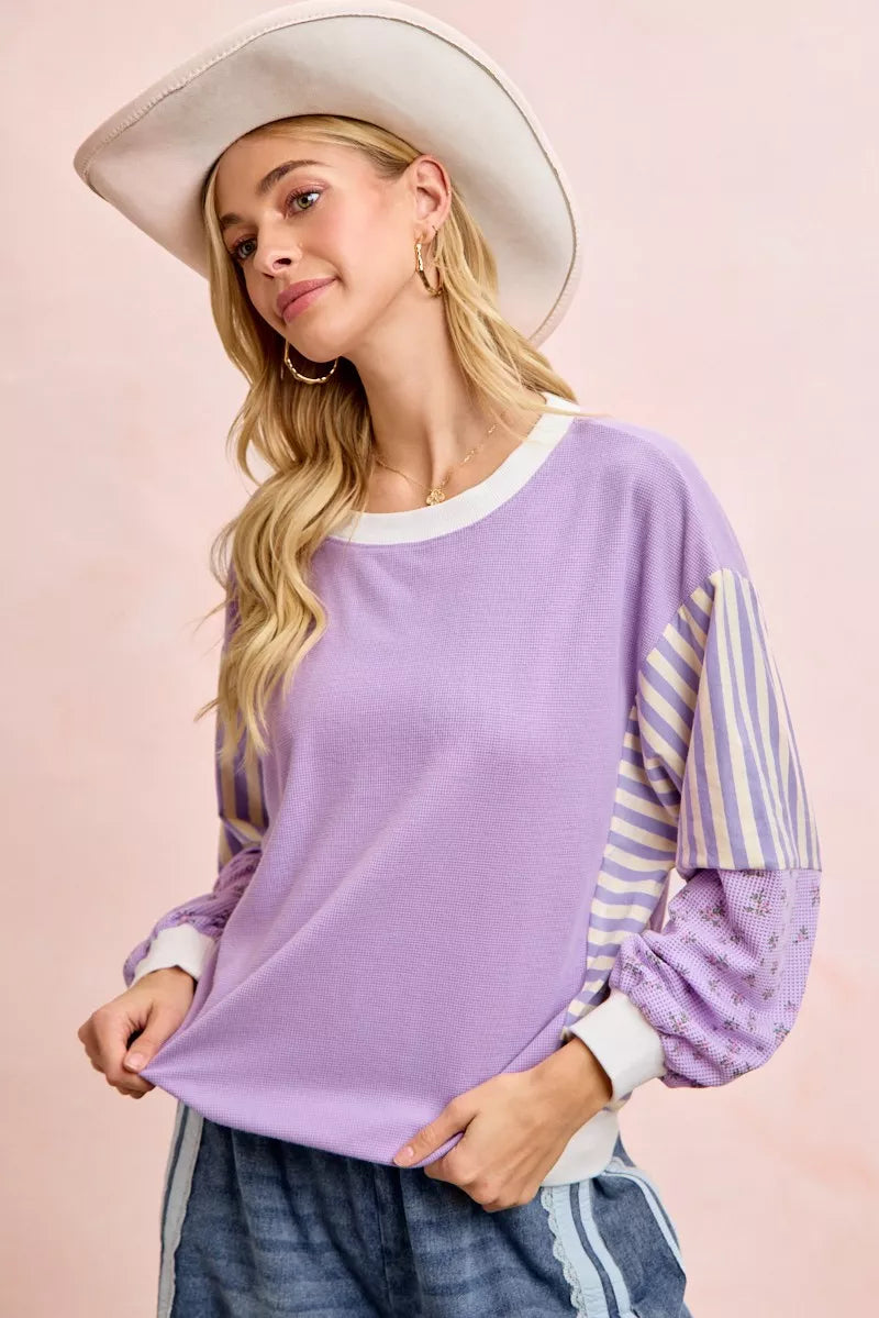 Mix and Match Sweatshirt with Floral Sleeve Striped