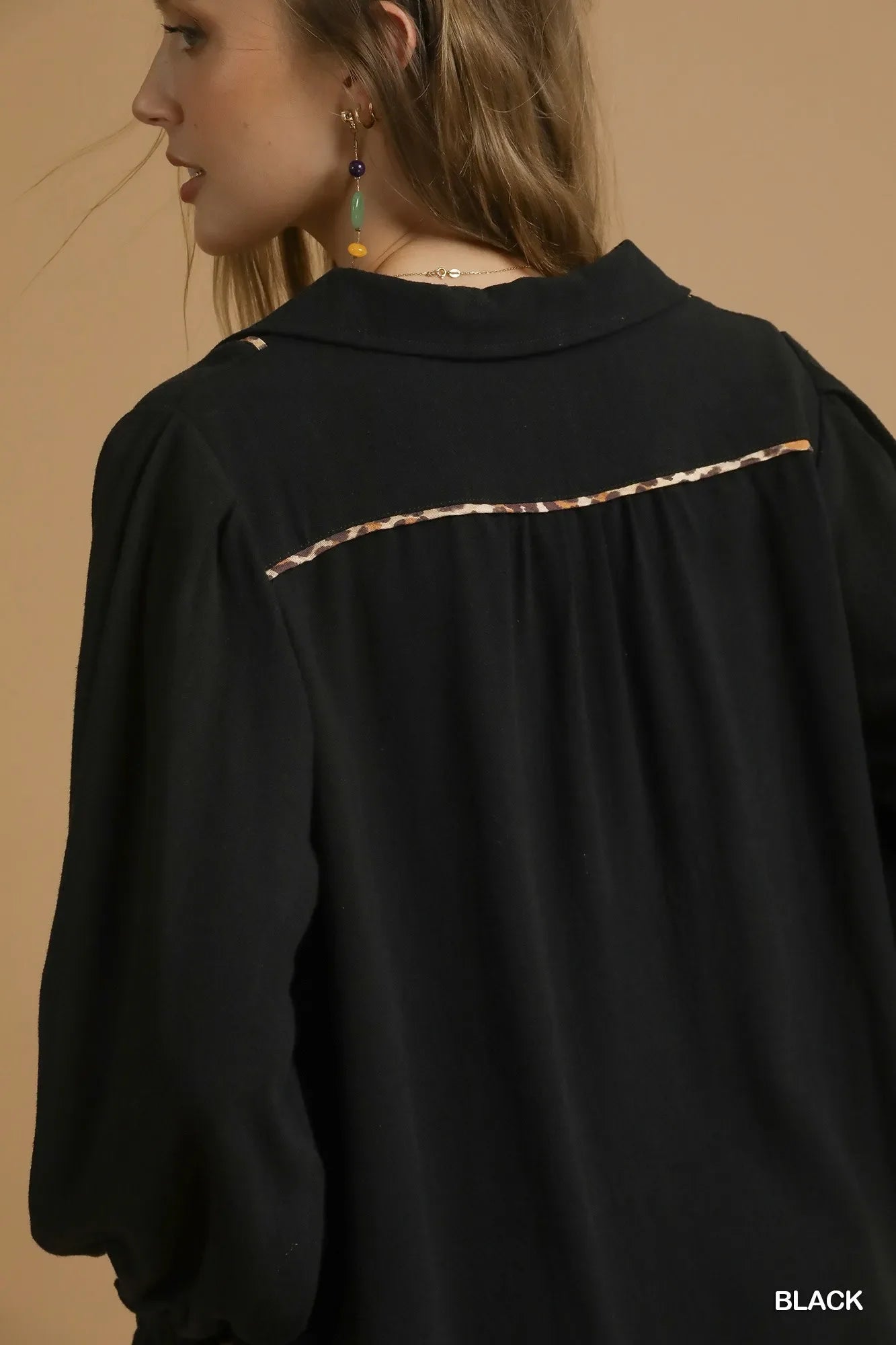 Full Size Linen Scallop Hem Blouse with Contrast Trim Plus Size