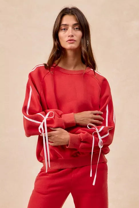 Side Lined Bow Details Fleece Sweatshirt