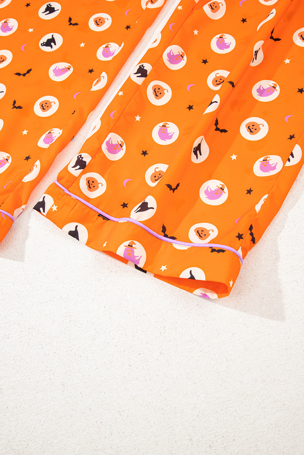 Orange Halloween Print Lapel Shirt Long 2pcs Pajama Set