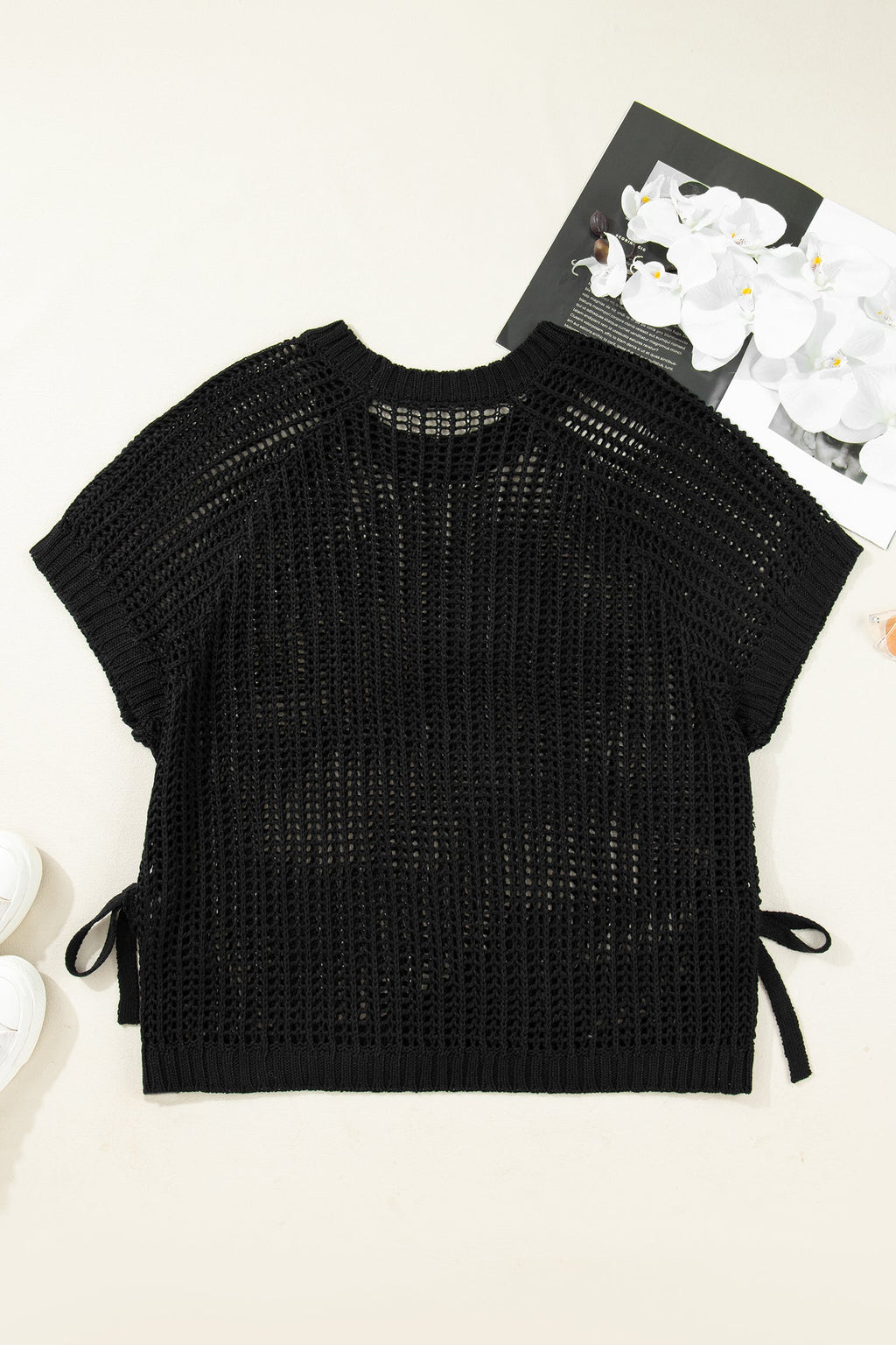 Black Plus Size Open Knit Bow Tie Short Sleeve Sweater
