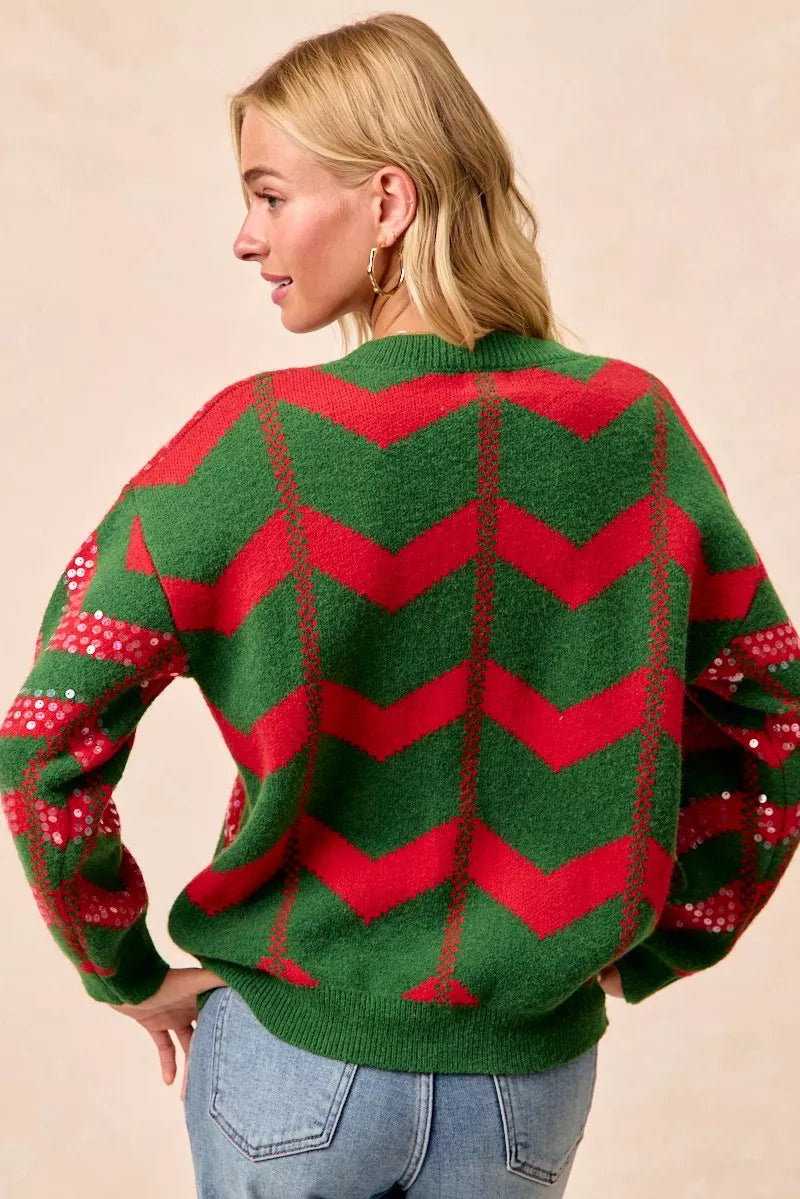 Christmas Theme Chevron Sequins Detail Sweater