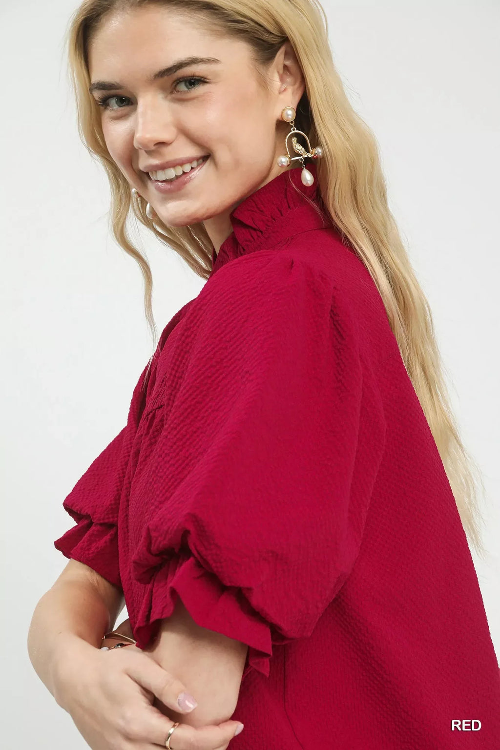 Textured Smocked Yoke Split-Neck Top
