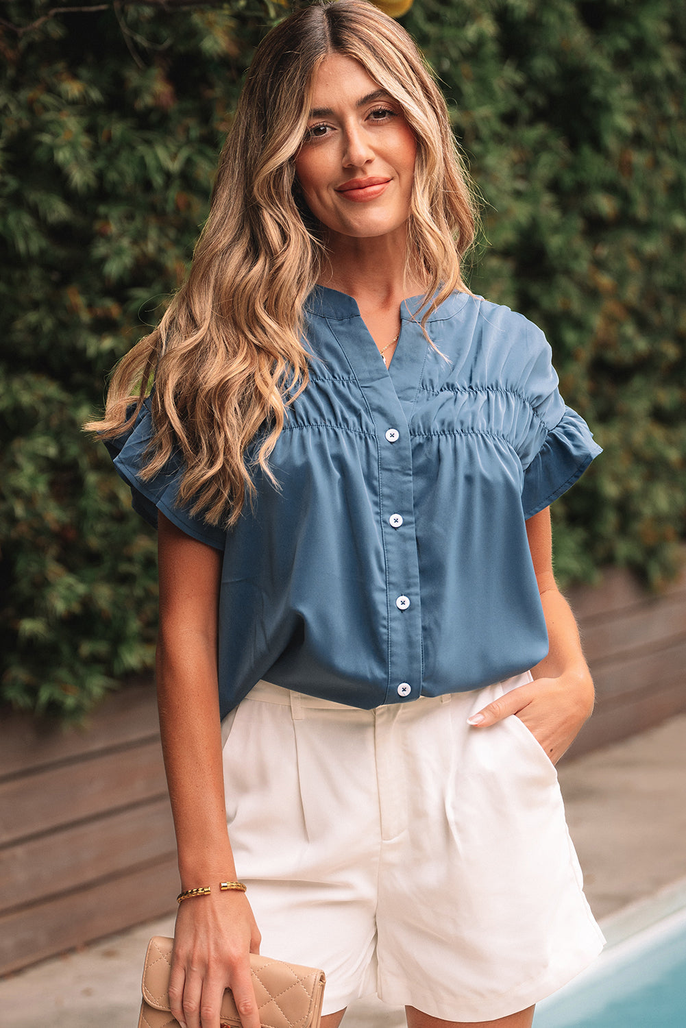 Real Teal Solid Color Ruffle Ruched Short Sleeve Buttoned Shirt