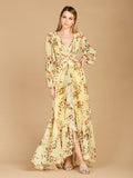 Long Sleeve V-Neck, Layered Skirt Print Dress- OUTLET