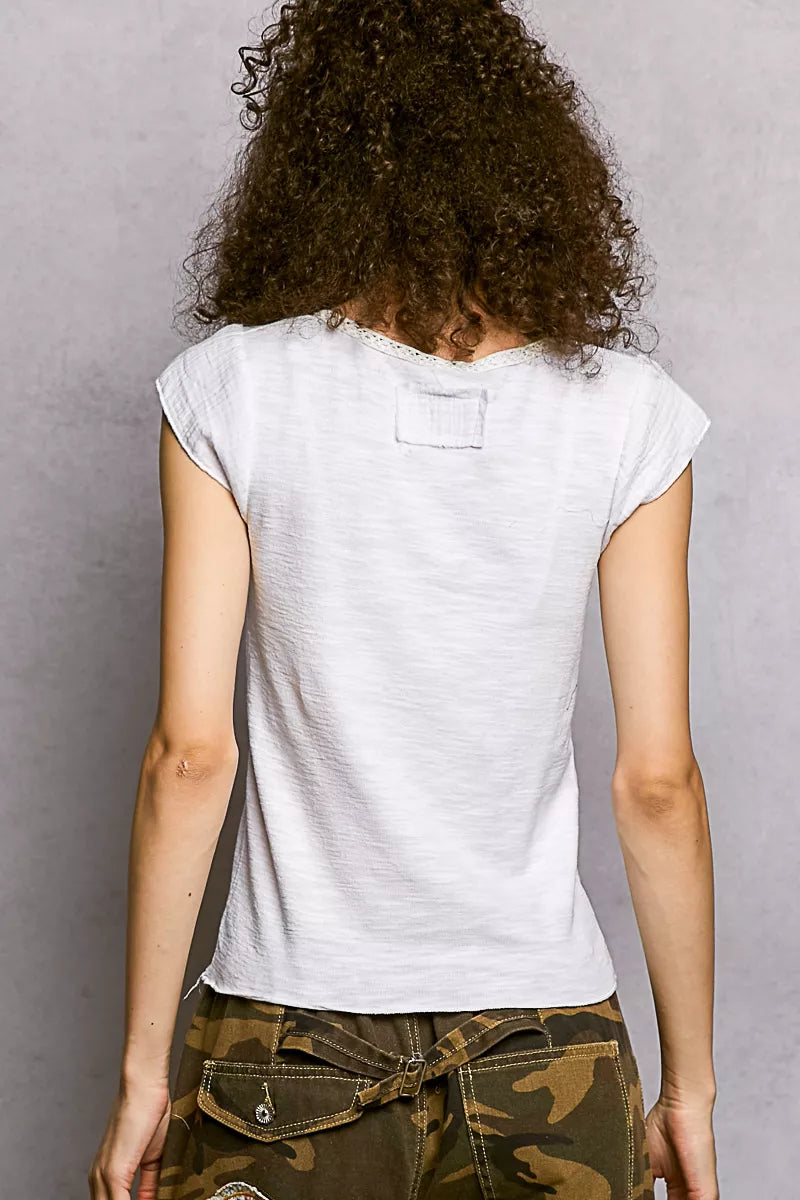 V-Neck Lightweight Textured Short Sleeve Knit Top with Lace Trim